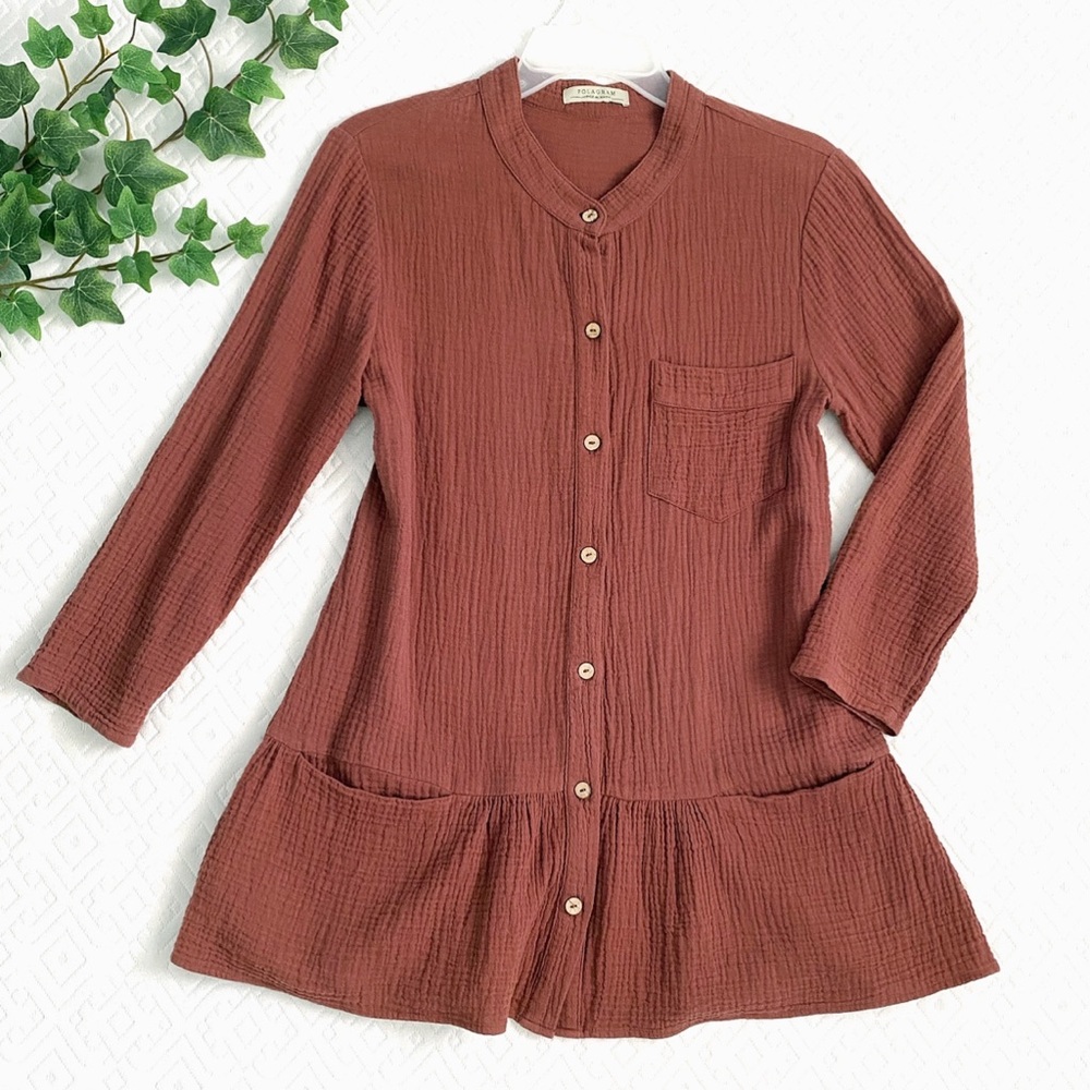 Polagram gauze cotton boho button down long sleeve tunic, sienna brown
